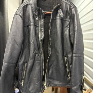 Zara Men's Dark Leather Jacket with Zip Details